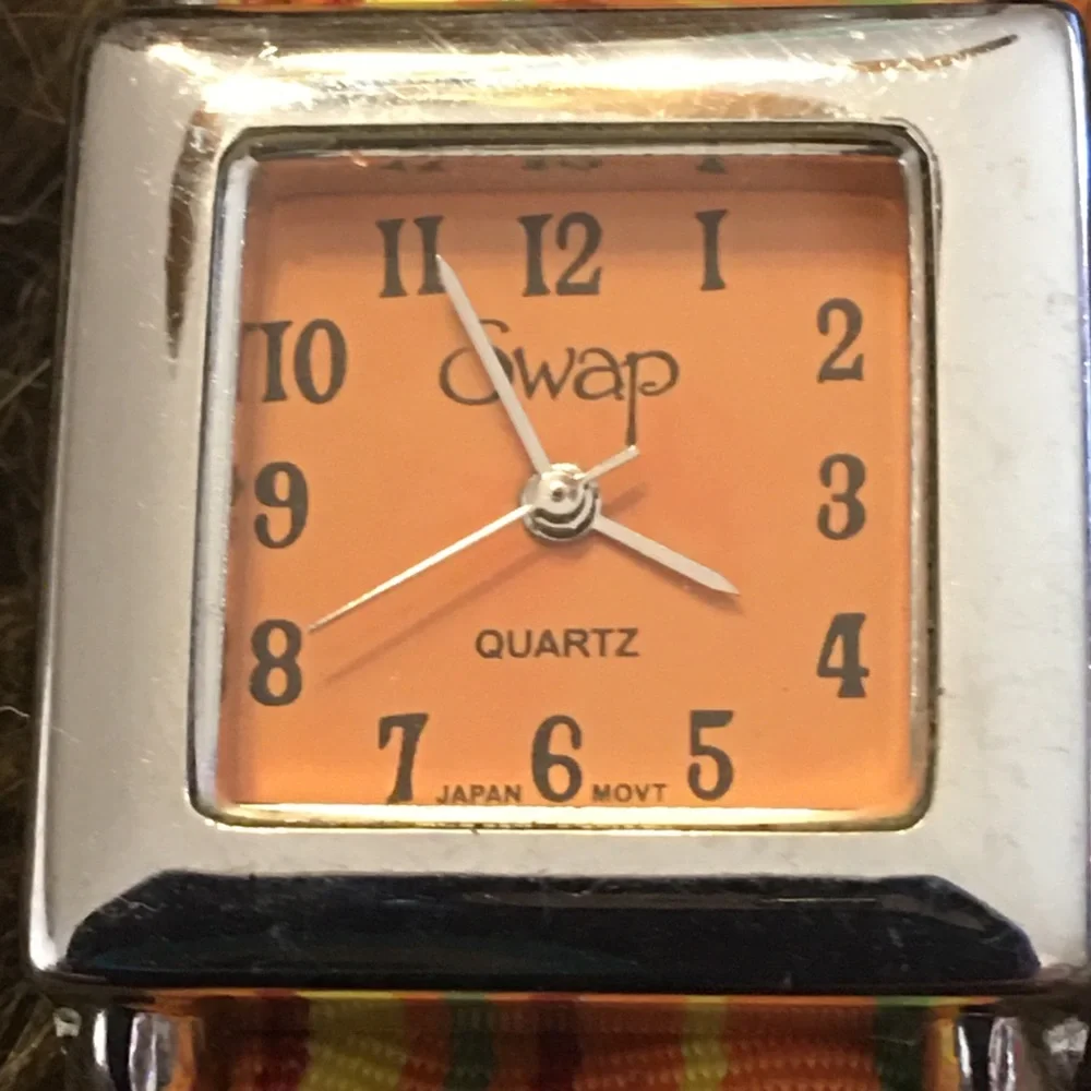 Ladies SWAP stripe fabric D ring band watch